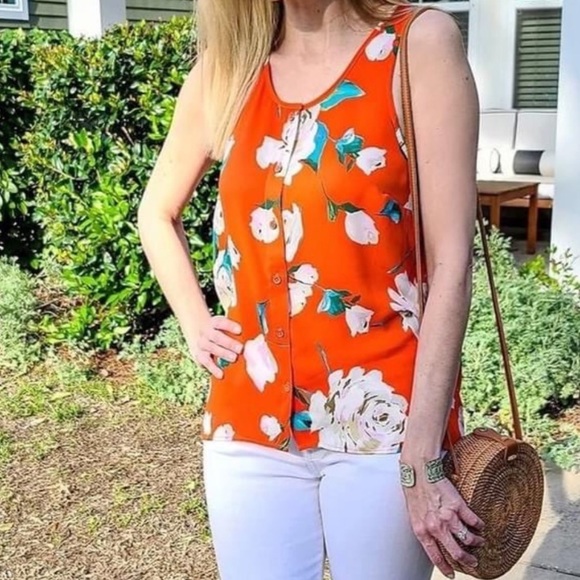 CABI MANET ORANGE FLORAL BUTTON UP SLEEVELESS SHEER TANK BLOUSE - SIZE LARGE - Picture 4 of 12